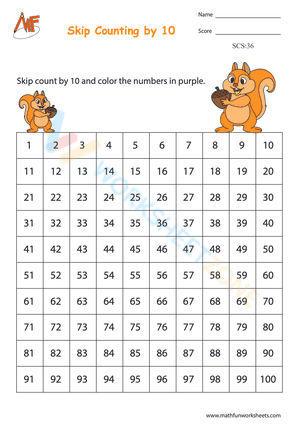 Skip counting by 10 worksheets 3