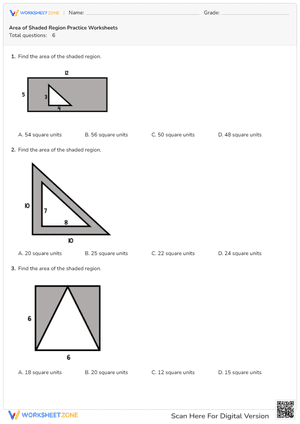 Area of Shaded Region Practice Worksheets