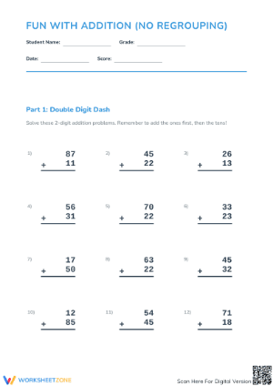Essential Grade 3 Addition Worksheet without Regrouping