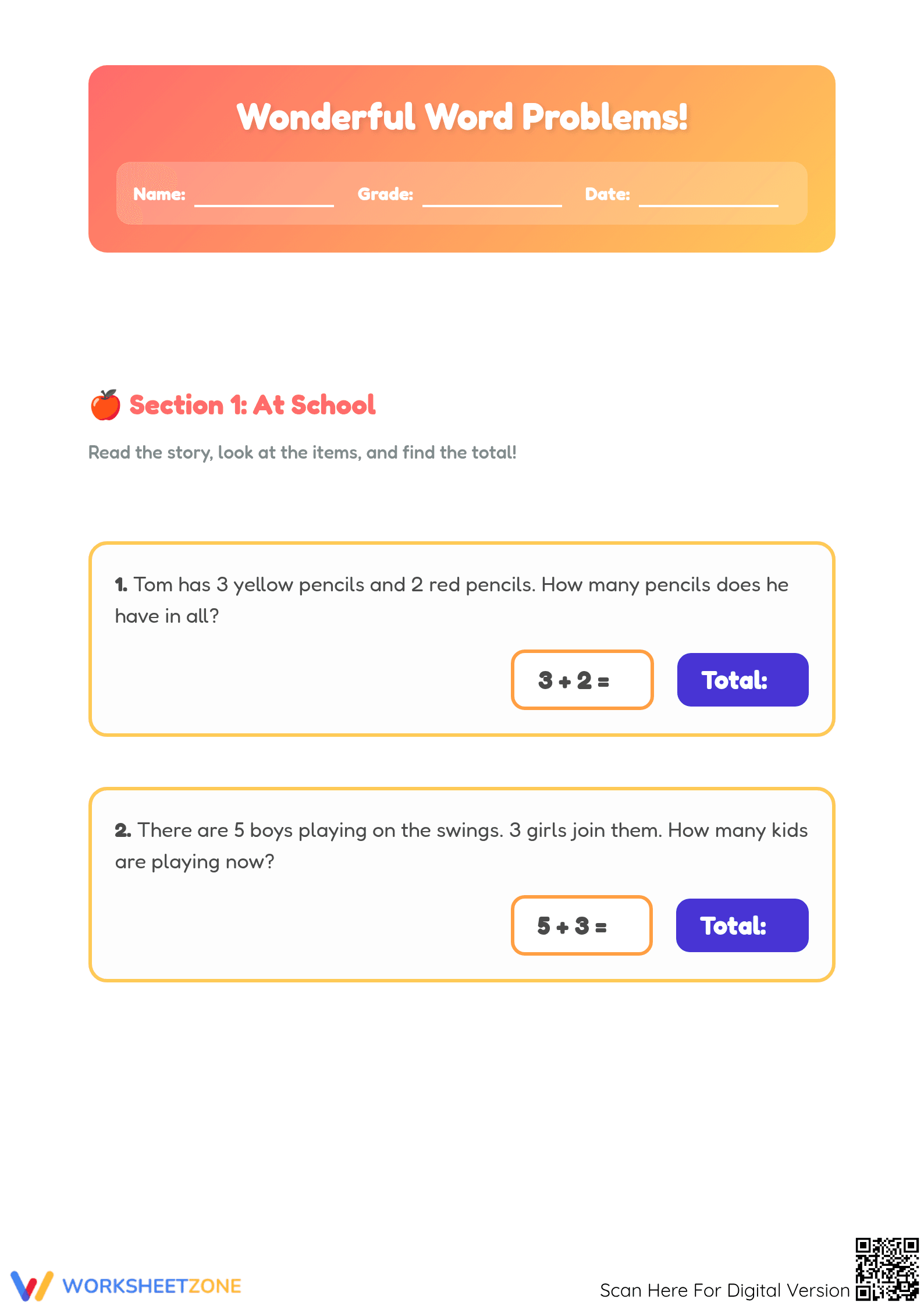 Printable Addition Word Problems Worksheet | Grade 1 Math - Page 1