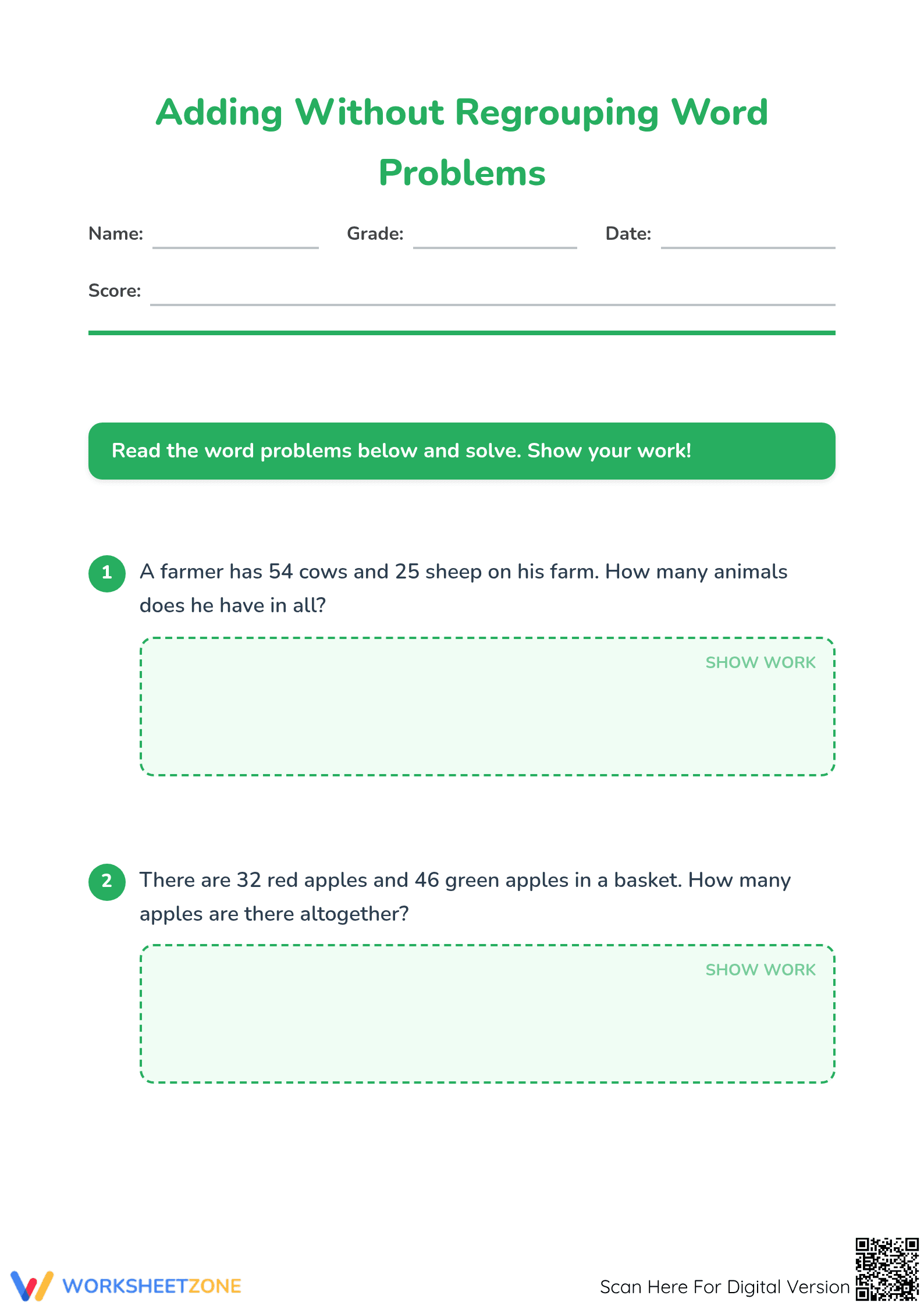 Printable Addition Word Problems | Grade 2 Math - Page 1
