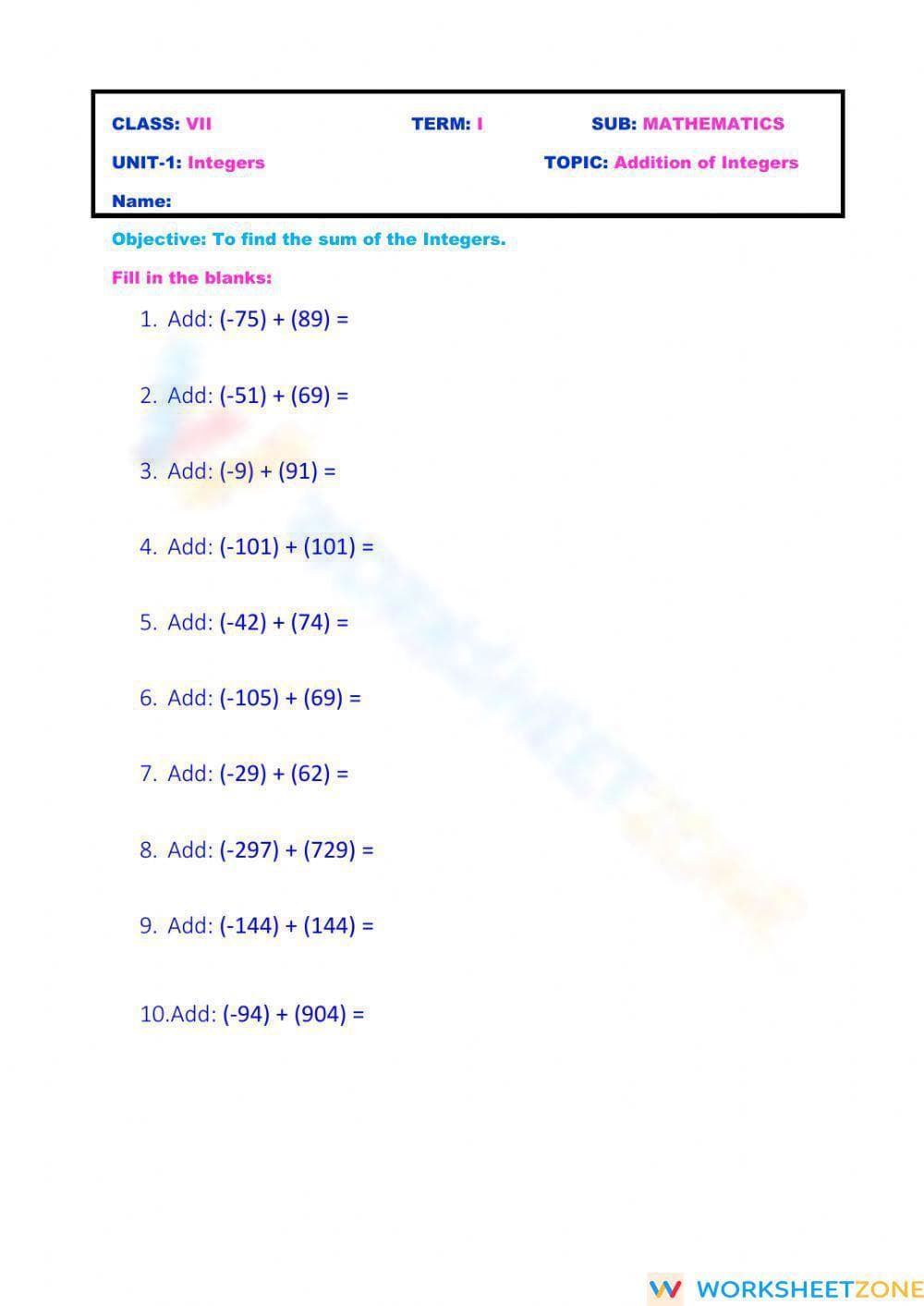Integers Worksheet: Practice Adding and Subtracting - Page 1