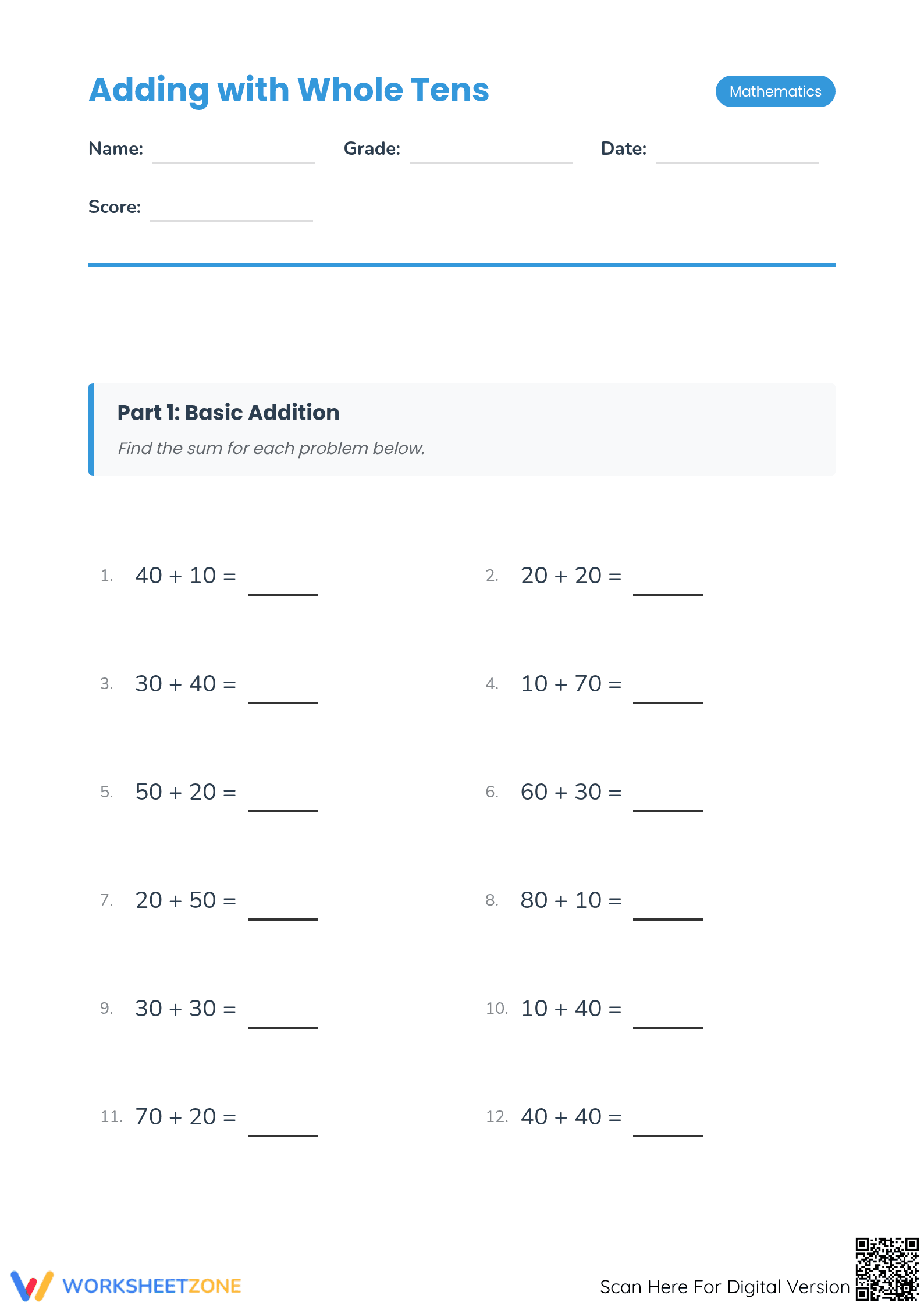 Printable Adding with Whole Tens Worksheet | Grade 3 Math - Page 1