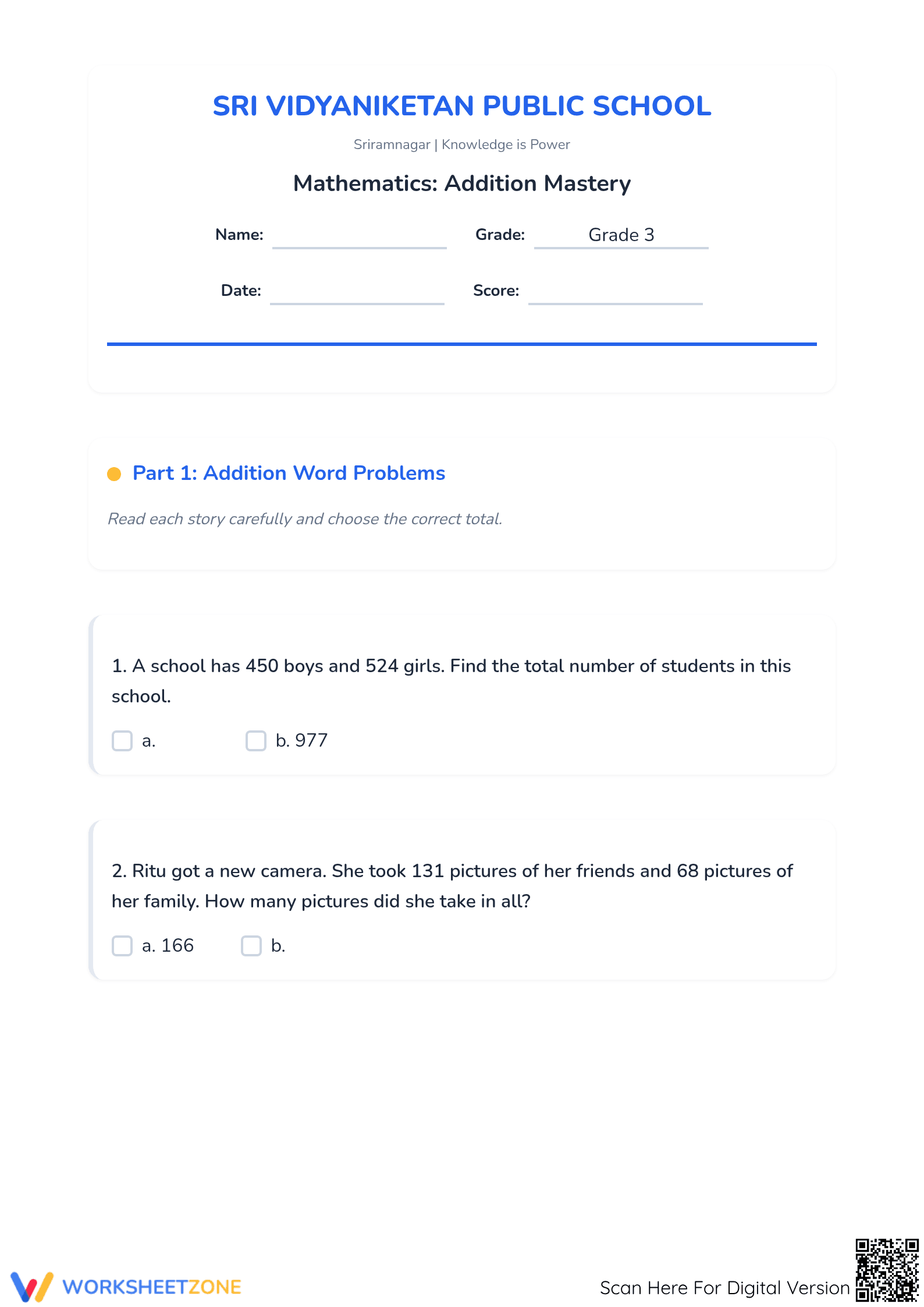 Essential Addition Worksheet | Grade 3 Math Practice - Page 1