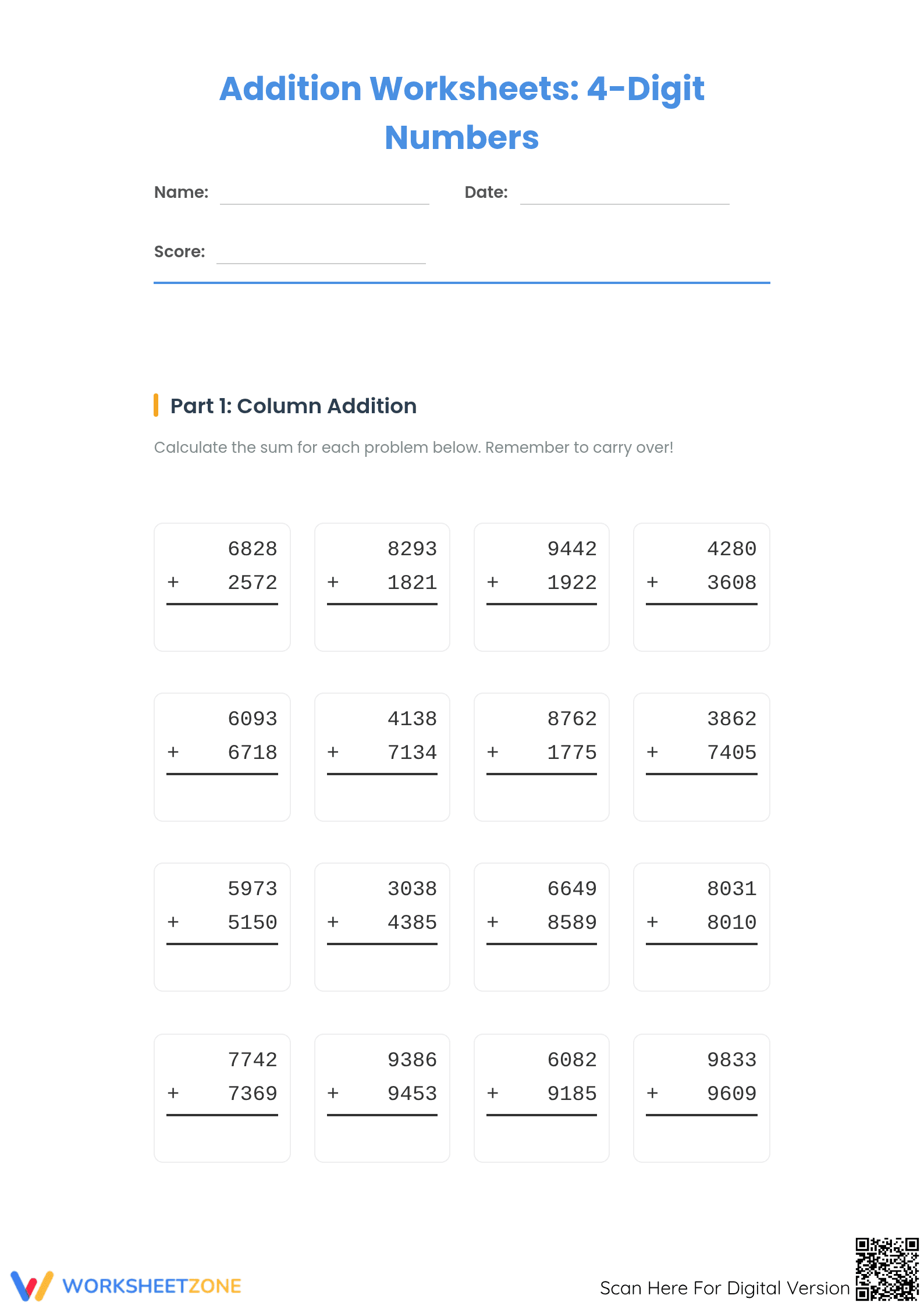 4-Digit Addition Practice | Essential Grade 4 Math Worksheet - Page 1