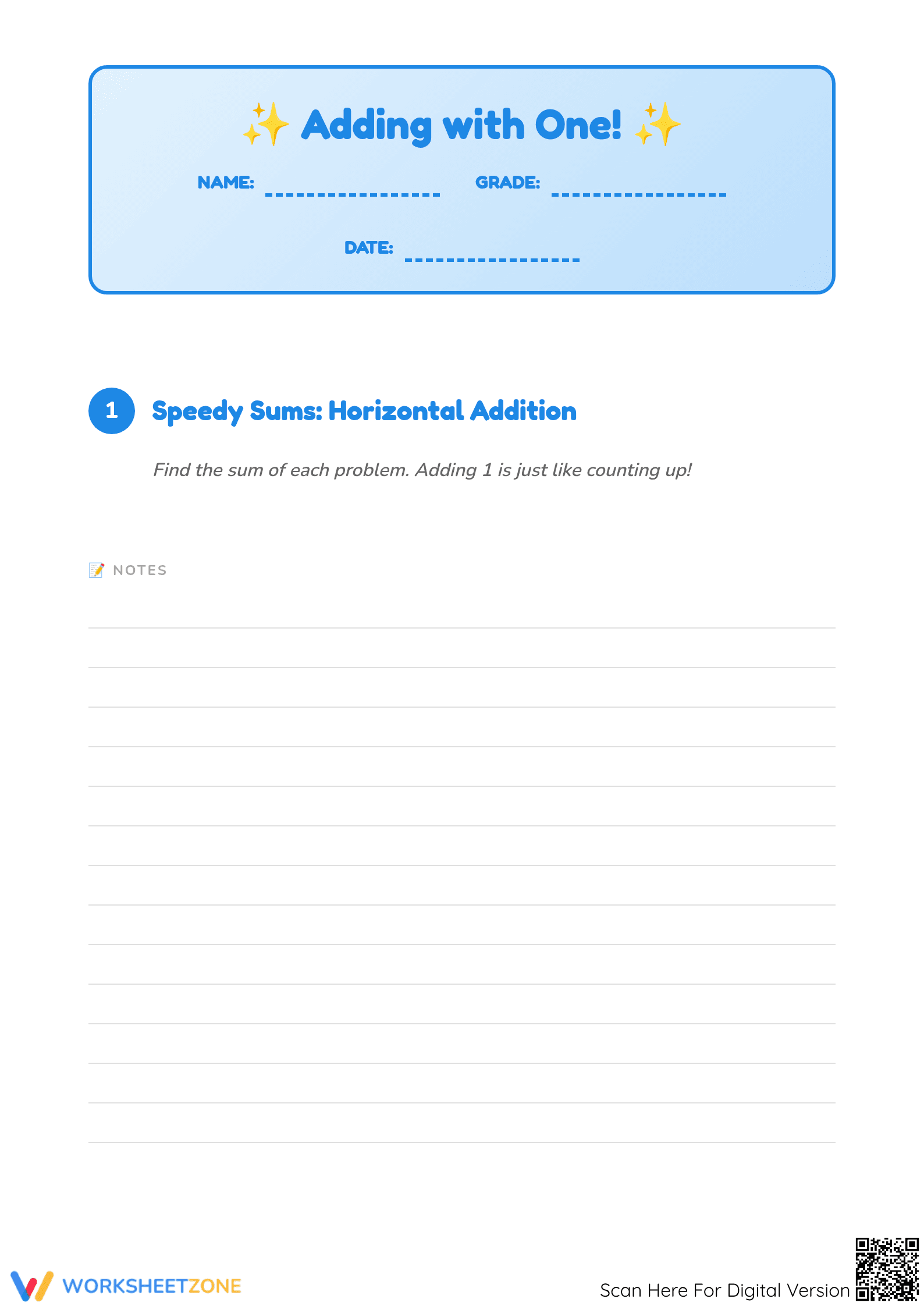 Grade K Addition — Printable No-Prep Adding 1 Worksheet - Page 1