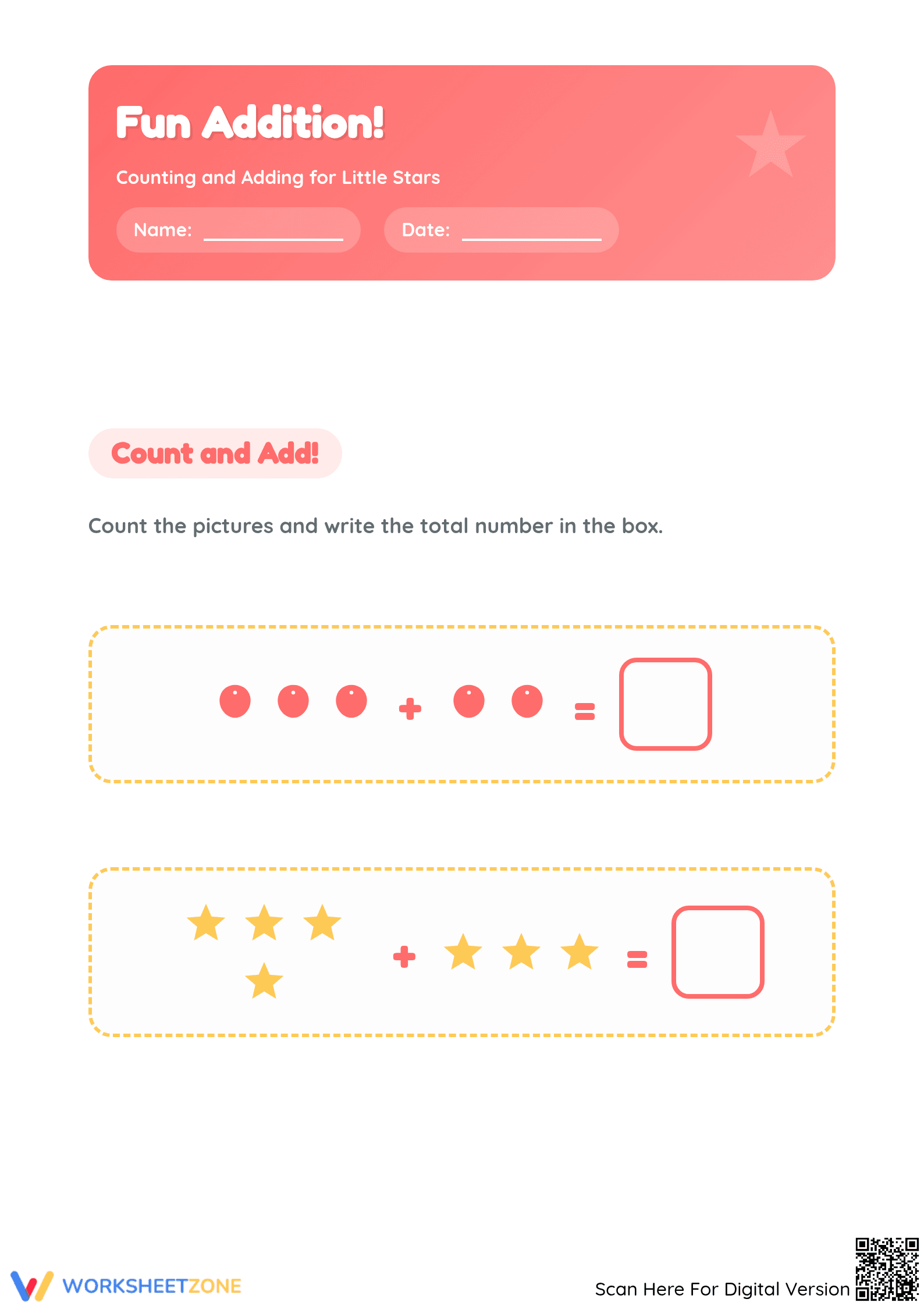 Printable Basic Addition Worksheet | Grade K Math - Page 1