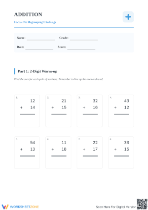 Printable Grade 2 Math Worksheet: Addition Without Regrouping