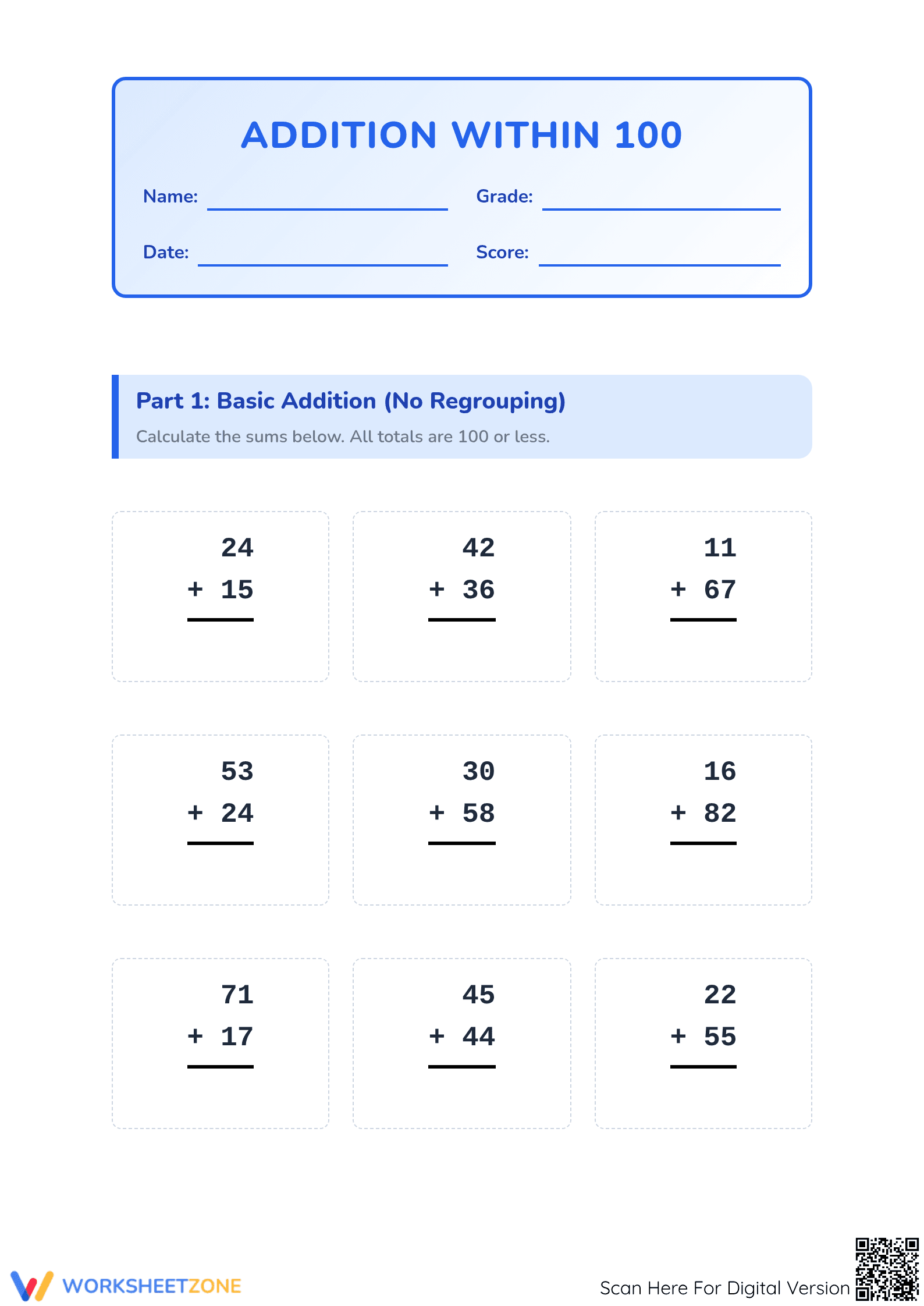 Printable Addition Within 100 Worksheet | Grade 2 Math - Page 1