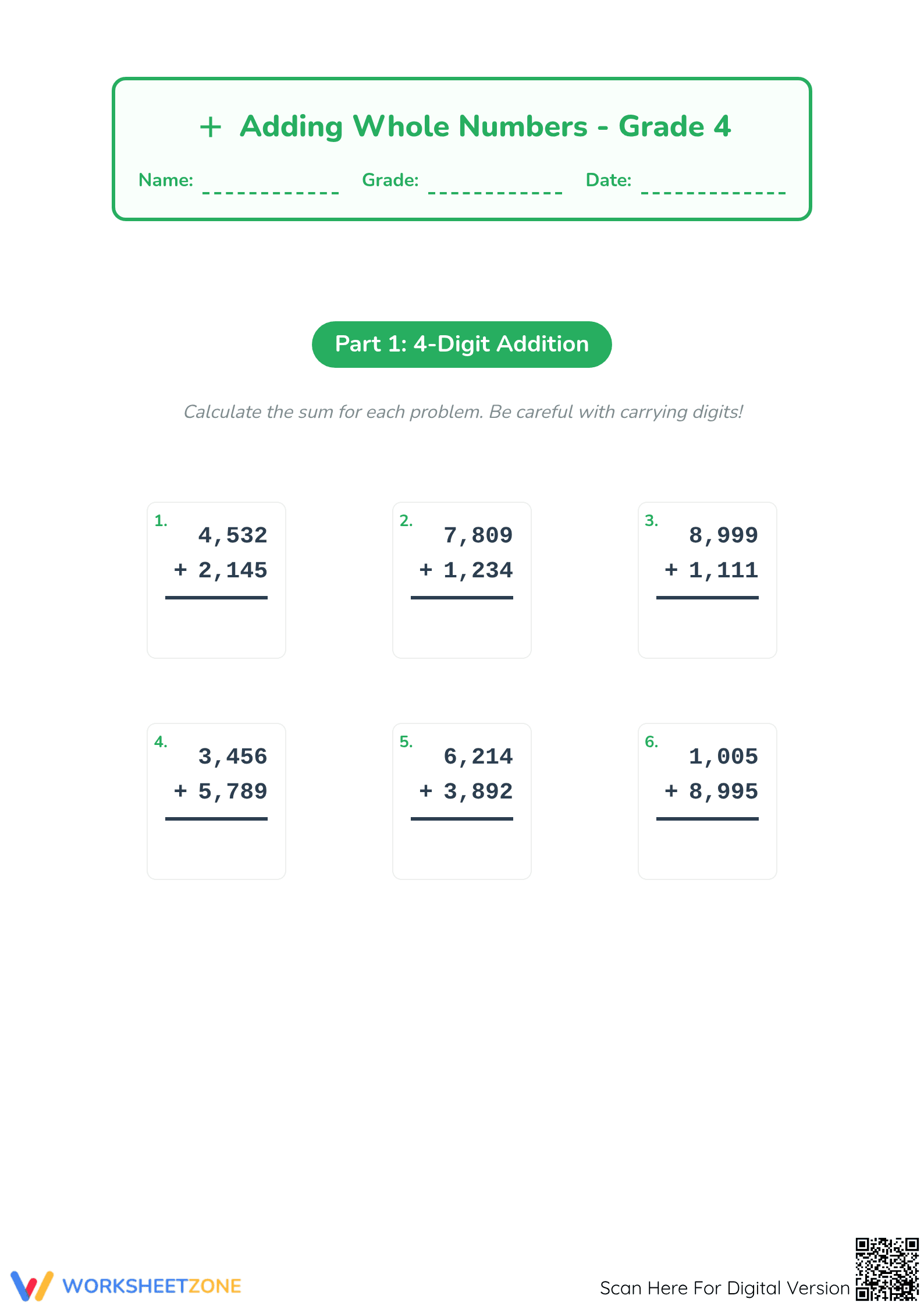 Printable Multi-Digit Addition Worksheet | Grade 4 Math - Page 1