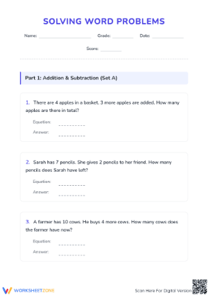 Printable Word Problems Worksheet | Grade 1 Math Addition