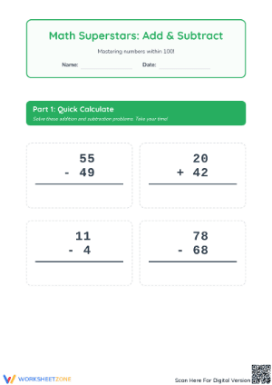 Printable Addition and Subtraction within 100 Worksheet