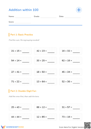 Grade 1-2 Addition within 100 — Essential No-Prep Worksheet