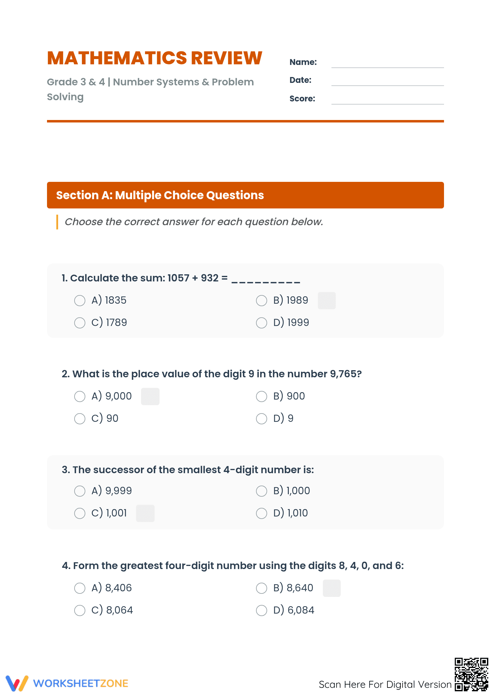 Grade 4 Math Review: Essential Addition and Subtraction - Page 1
