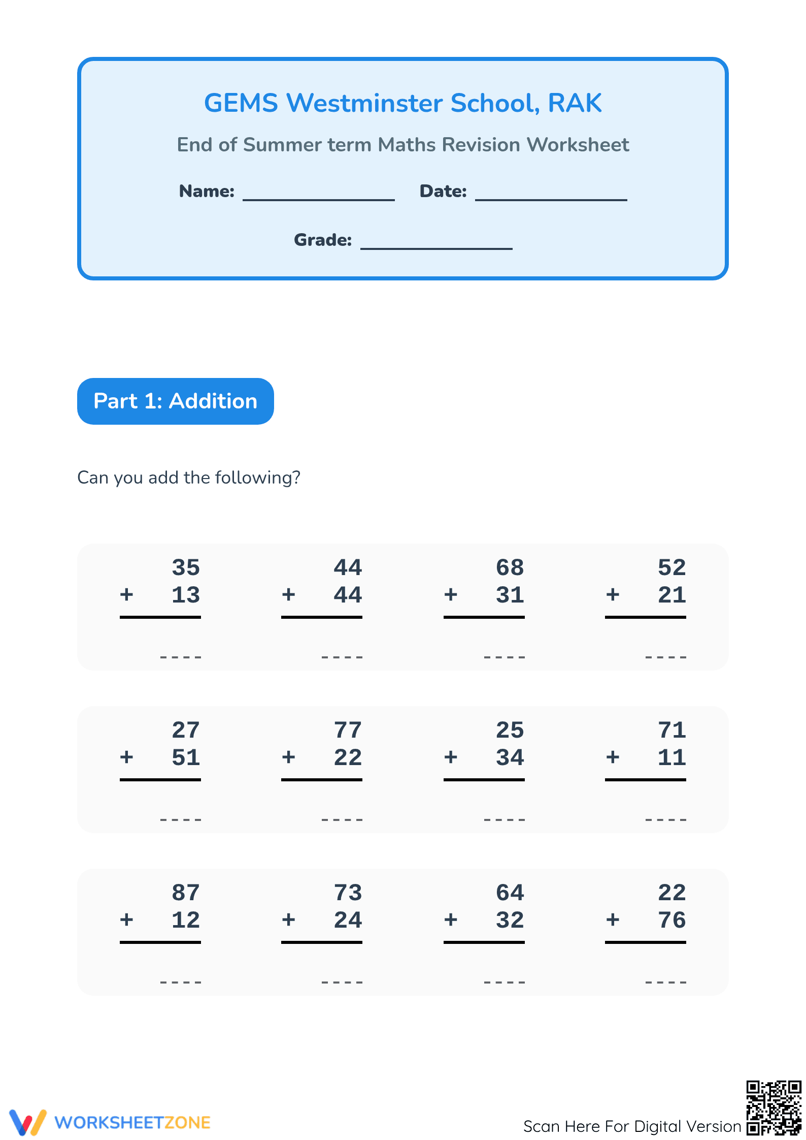 Grade 1-2 Math Revision: Essential Printable Worksheet - Page 1