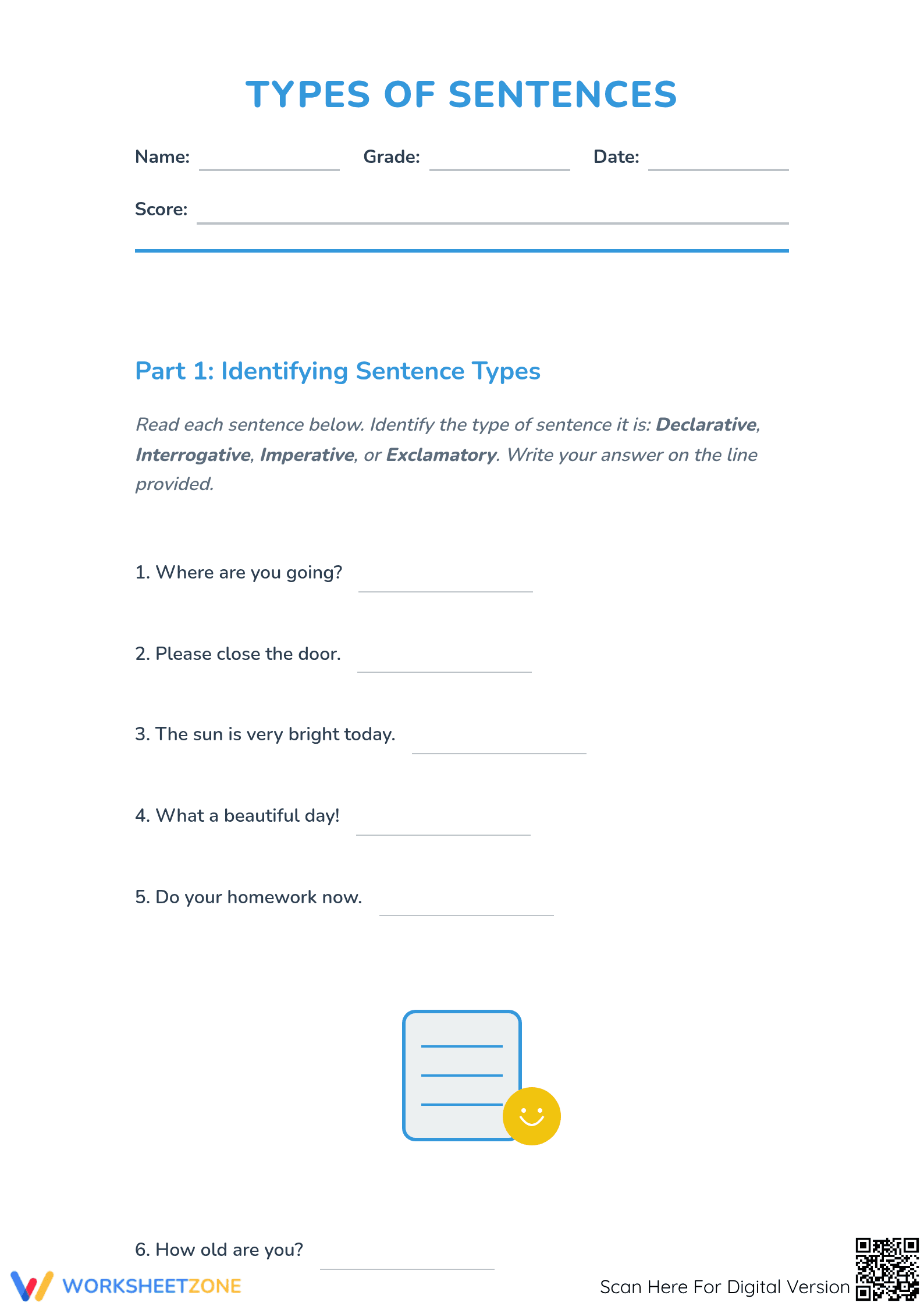 Printable Types of Sentences Worksheet | Grade 3-4 ELA - Page 1