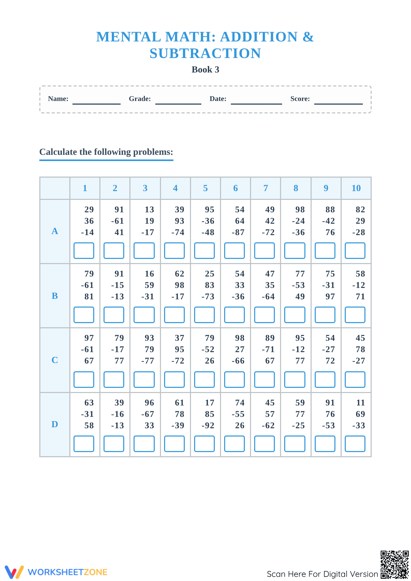 Mental Math Addition & Subtraction | Essential Grade 3 - Page 1