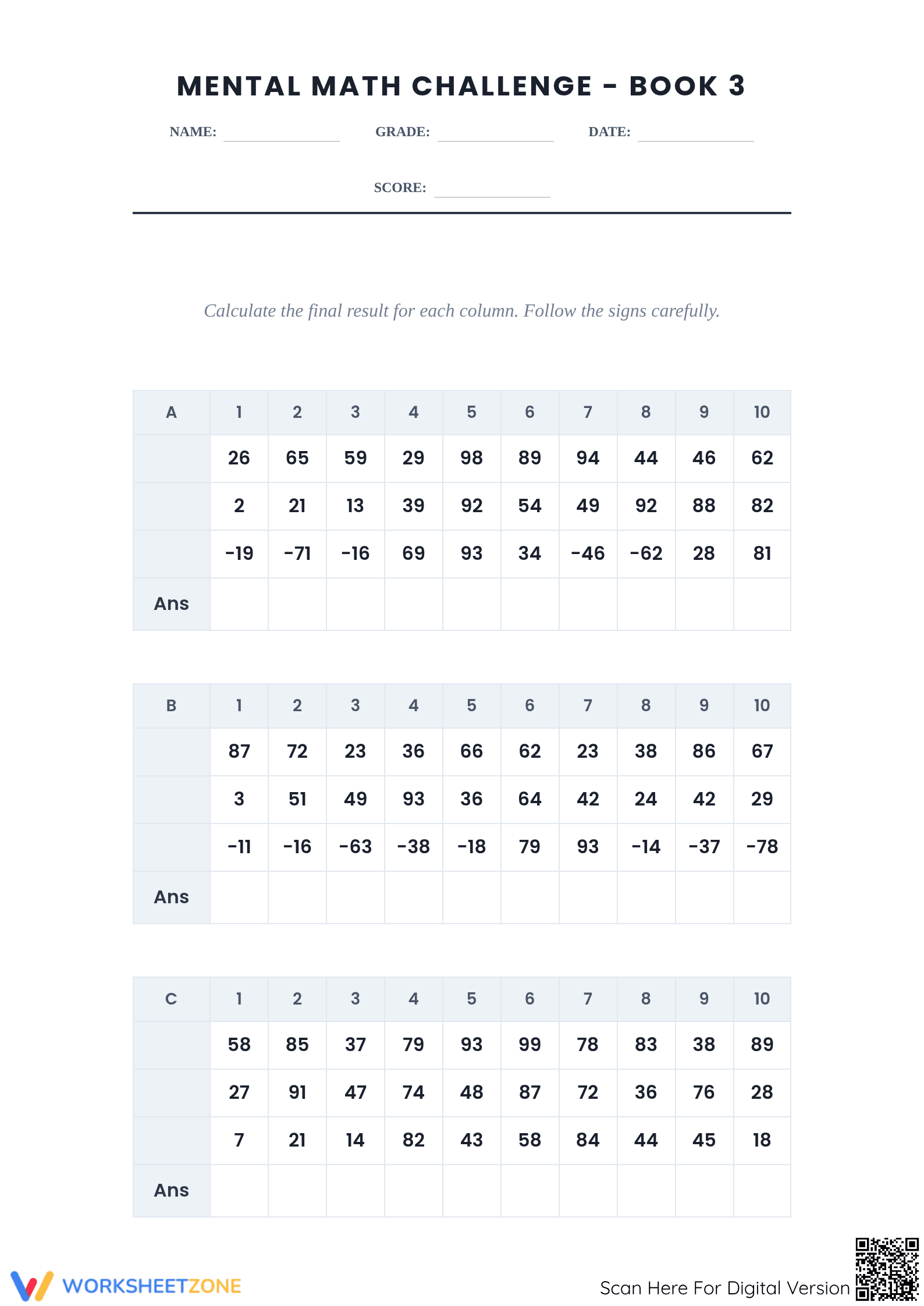 Grades 3-5 Mental Math — Printable No-Prep Worksheet - Page 1