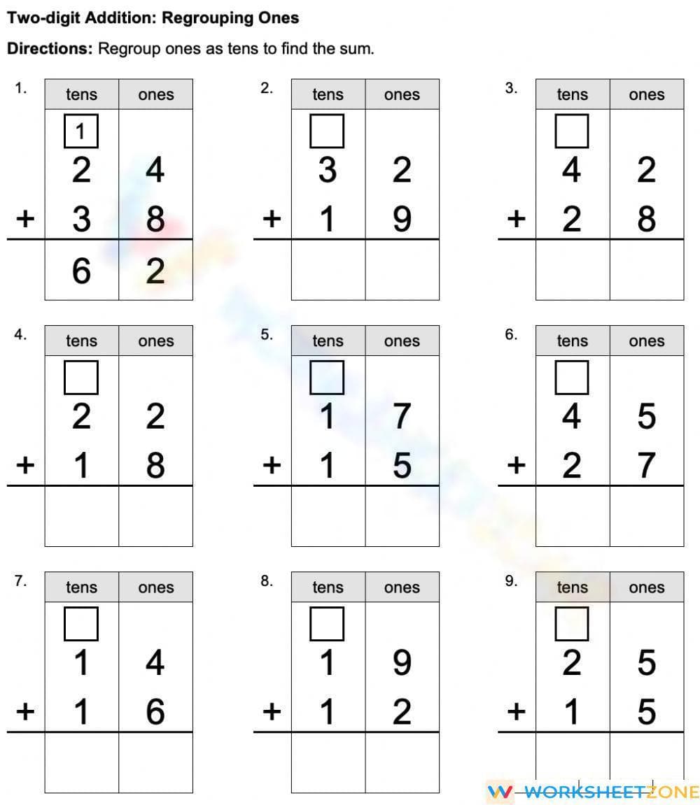 Two-Digit Addition with Regrouping - Page 1