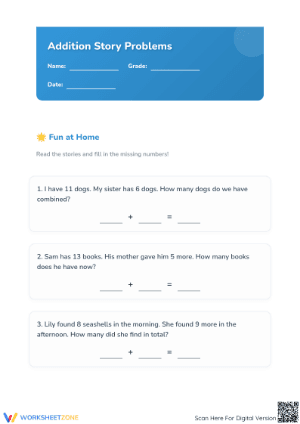 Addition Word Problems Worksheet | Grade 1 Printable