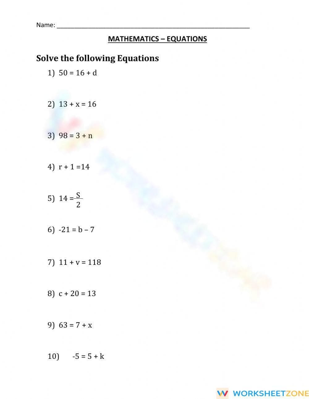 Solving Equations Practice Worksheet - Page 1