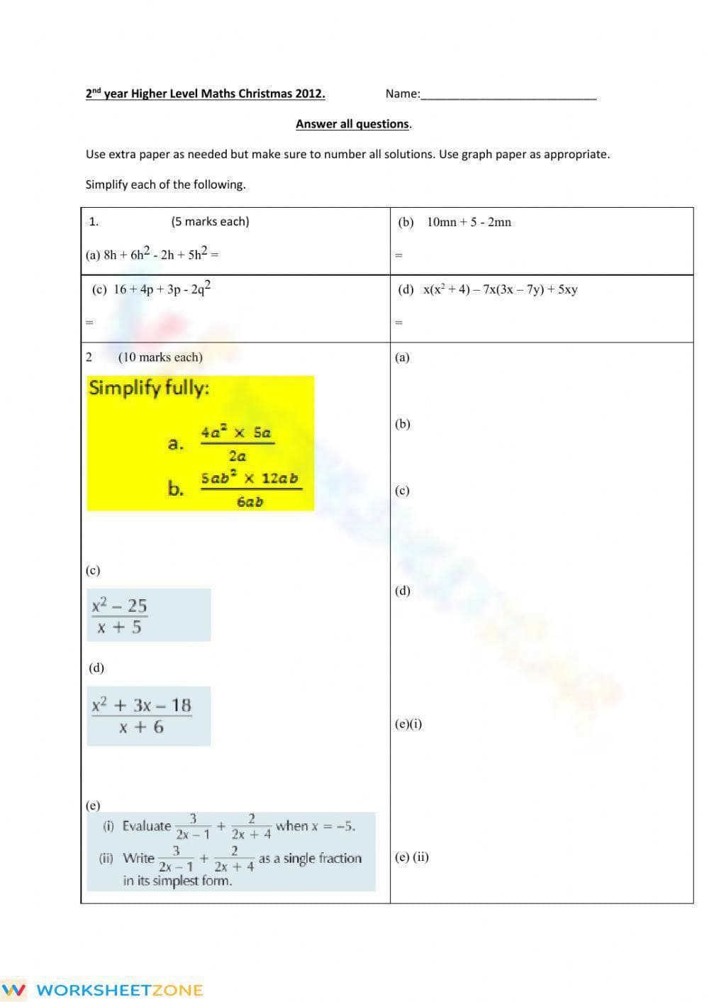 Comprehensive Algebra Review Worksheet - Page 1