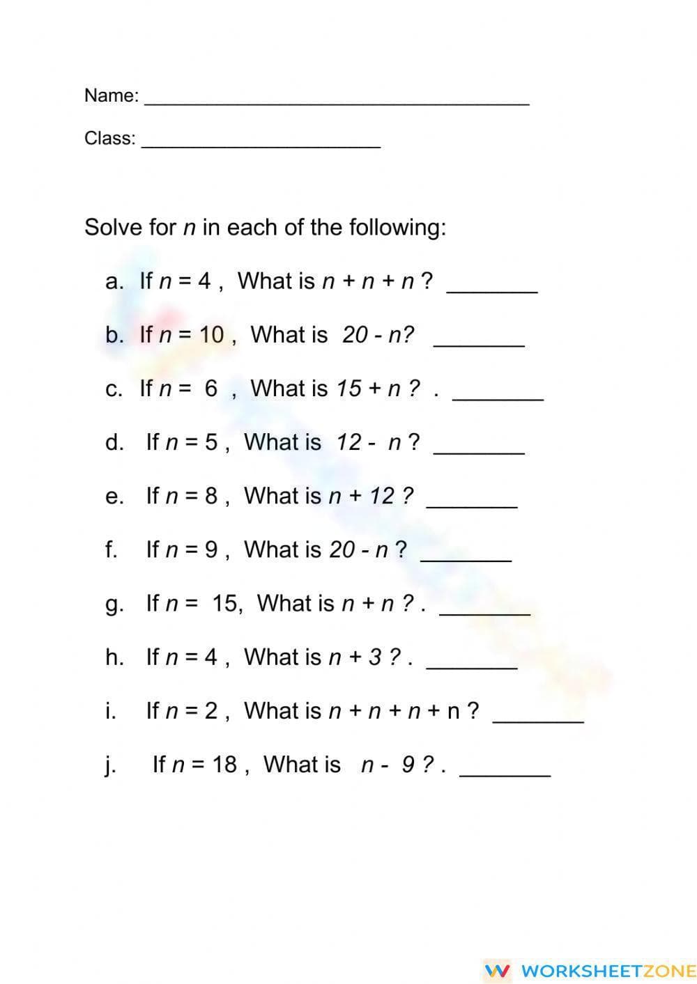 Algebra Exercises Worksheet - Page 1