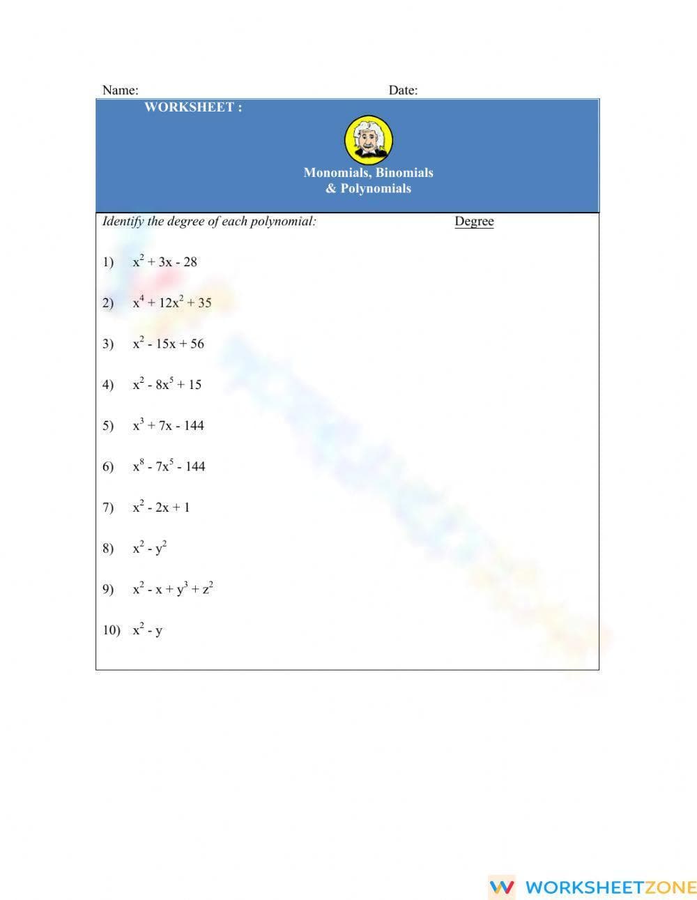 Understanding Polynomials Worksheet - Page 1