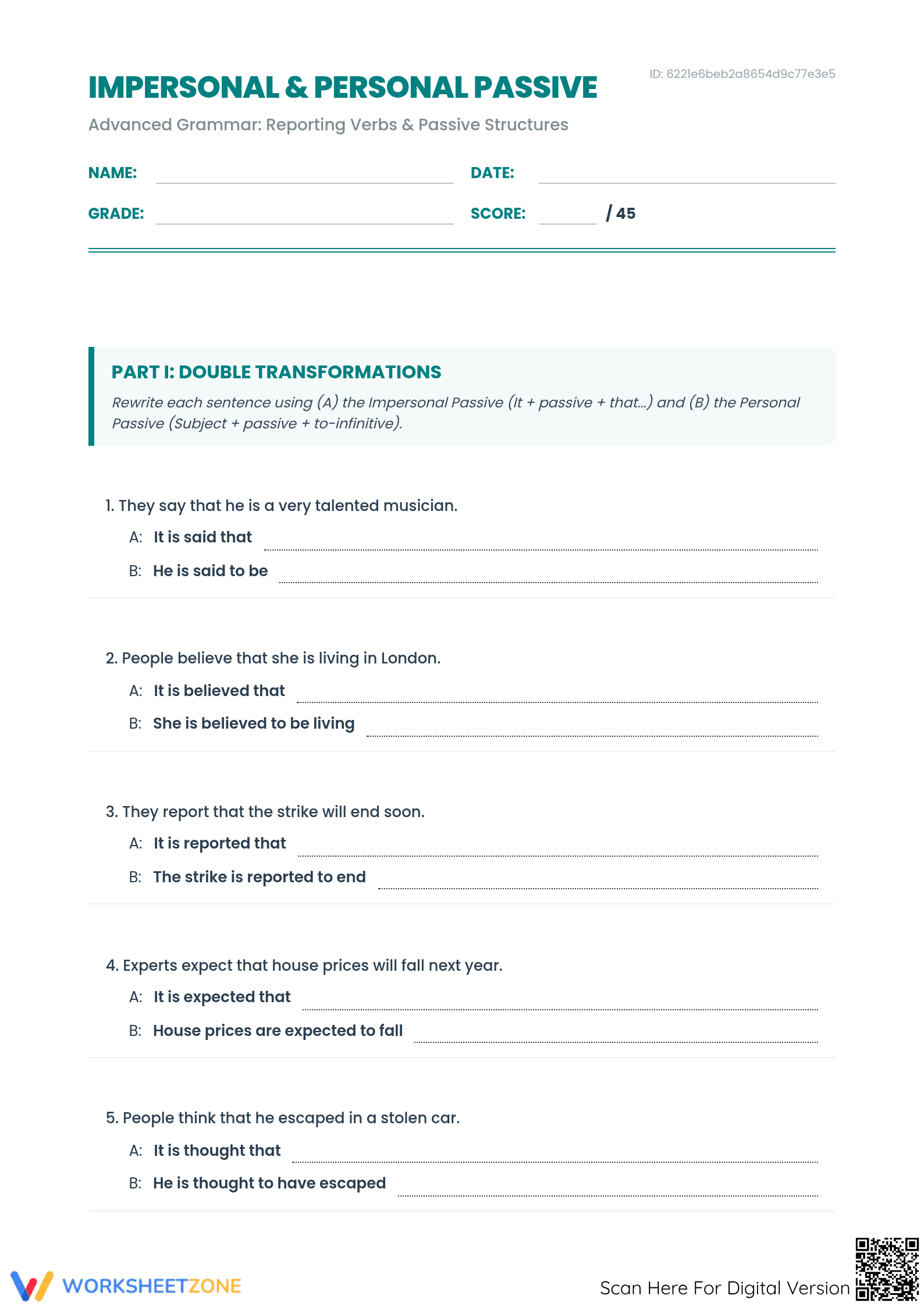 Essential Impersonal & Personal Passive Worksheet | Grade 9 - Page 1