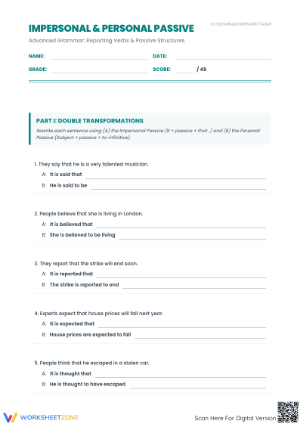 Essential Impersonal & Personal Passive Worksheet | Grade 9