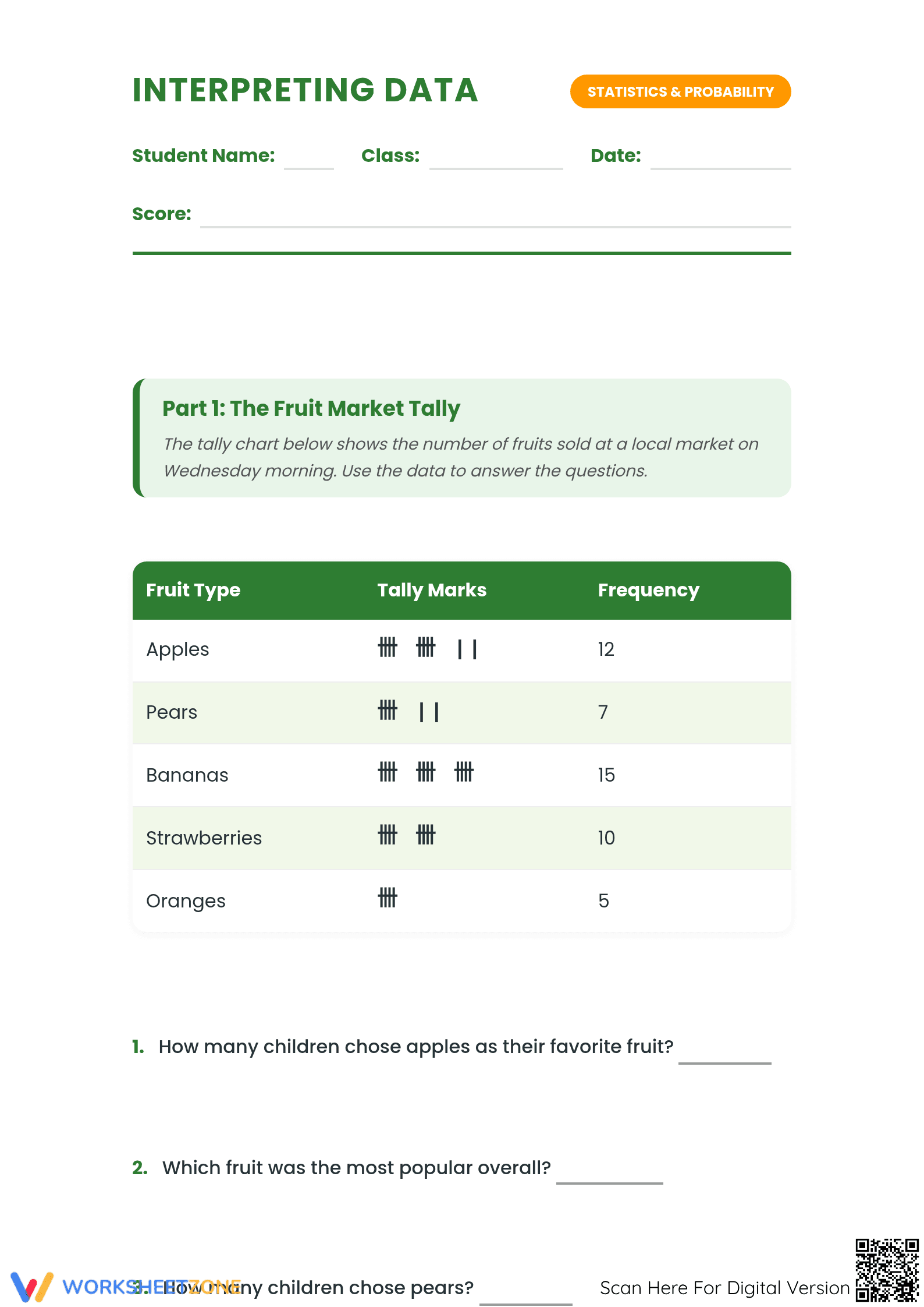 Essential Tally Chart Data Analysis Worksheet | Grade 4-8 - Page 1