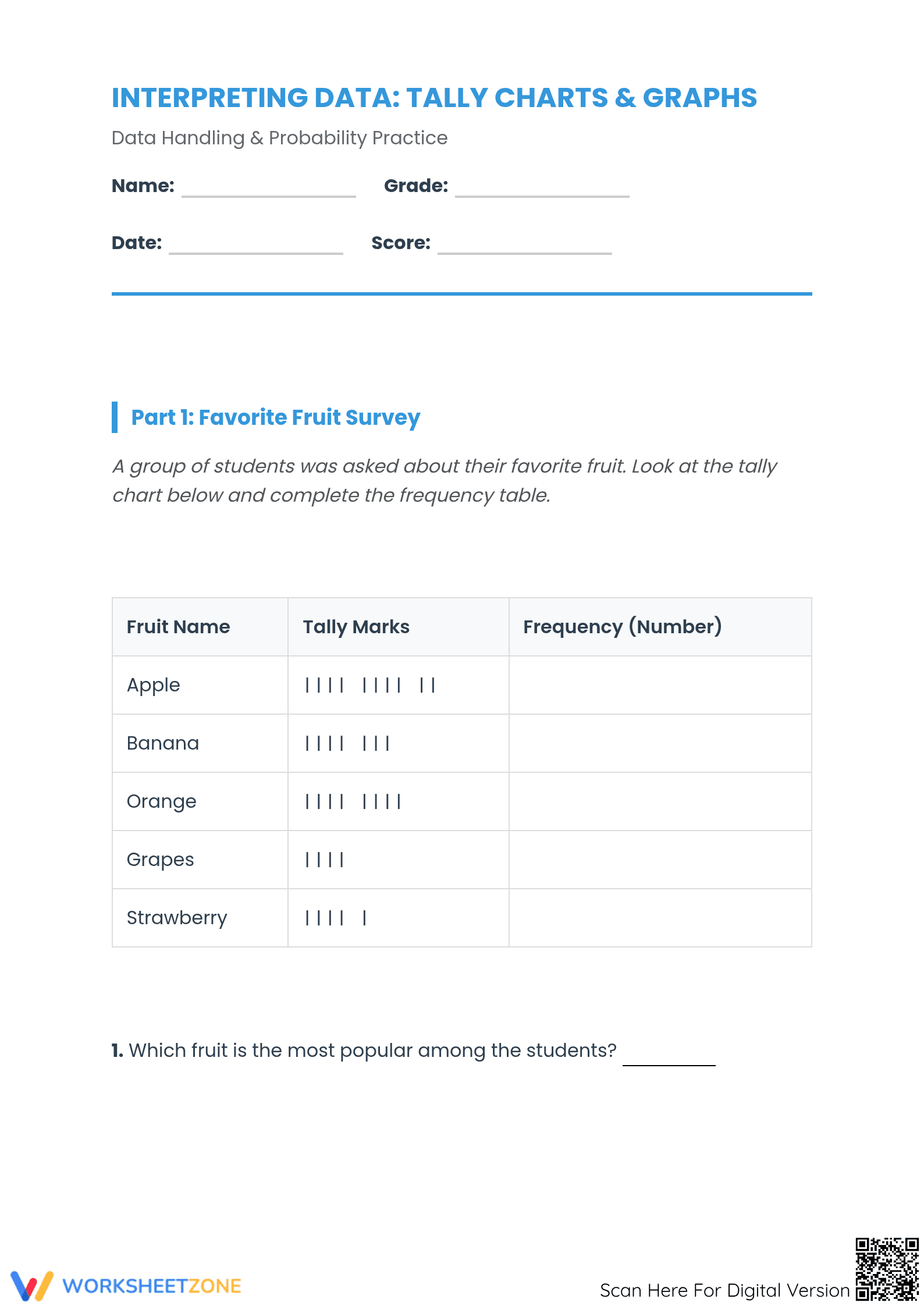 Printable Tally Charts and Bar Graphs Worksheet | Grade 4-8 - Page 1