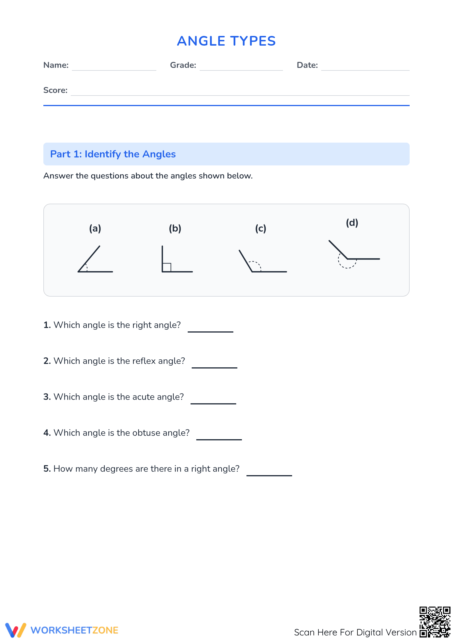 Printable Angle Types Worksheet | Grade 4 Math - Page 1