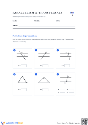 Essential Parallelism & Transversals Worksheet | Grade 8