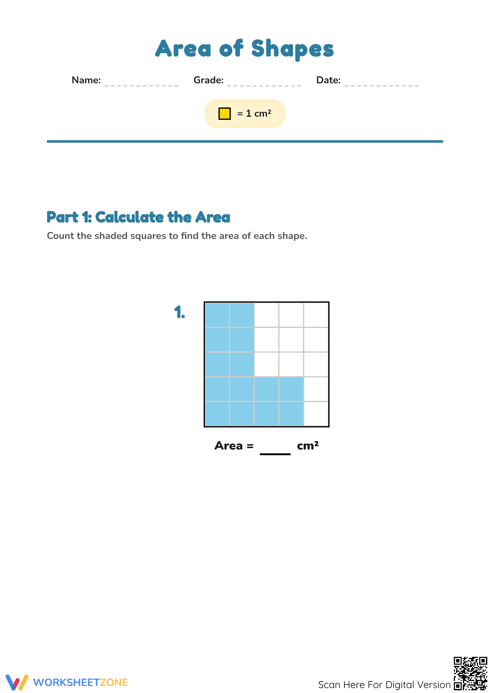 Essential Area Worksheet: Counting Squares — Grade 3 Ready - Page 1