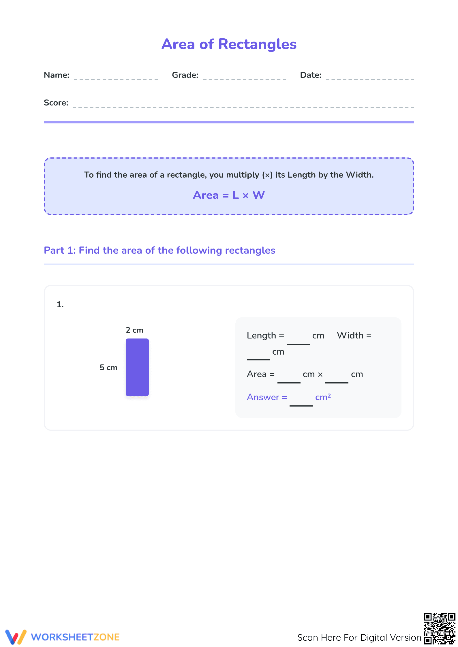 Essential Area of Rectangles Worksheet | Grade 4 Math - Page 1