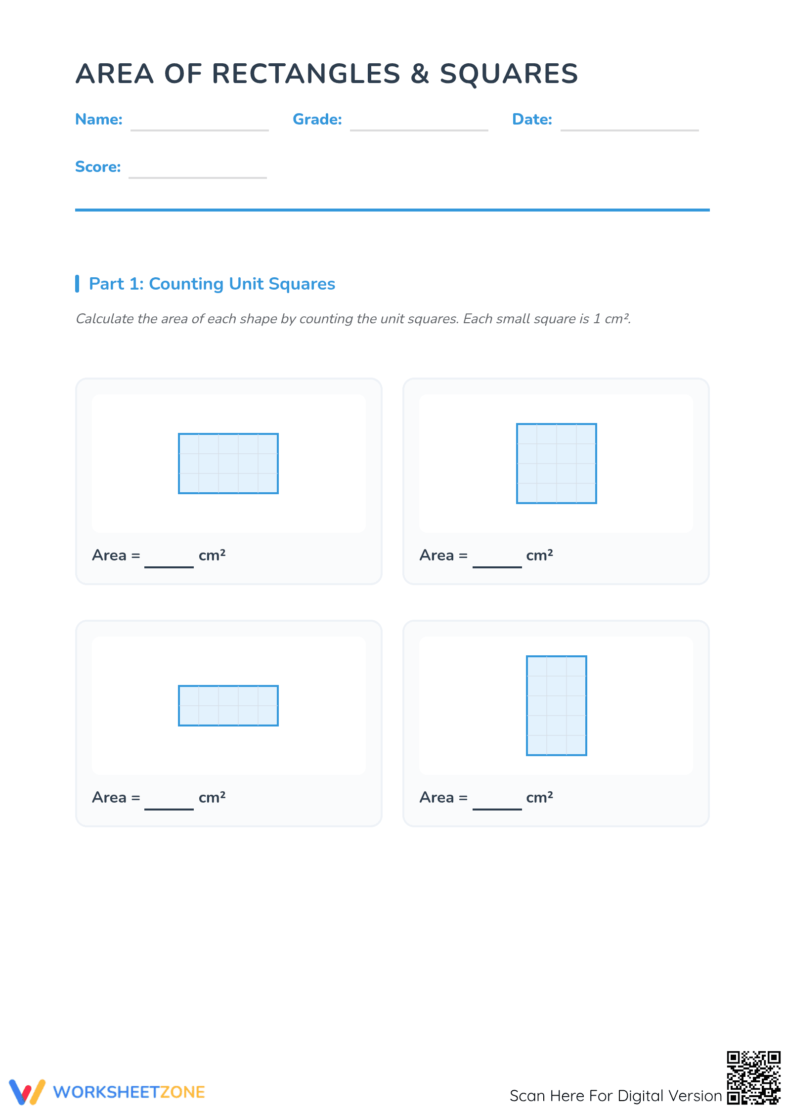 Area of Rectangles and Squares: Essential Grade 4 Worksheet - Page 1