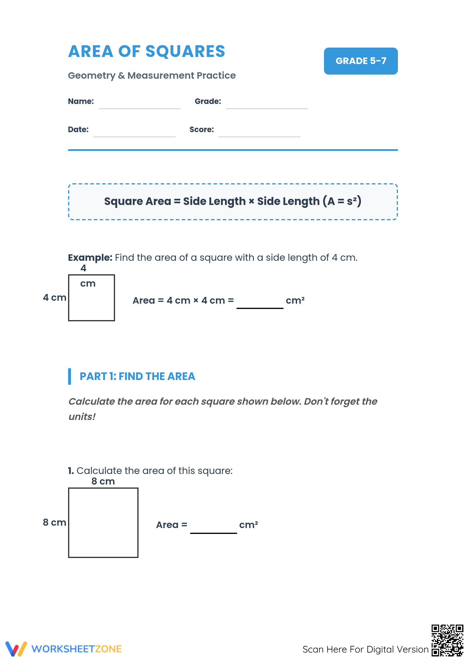 Essential Area of Squares Worksheet | Grade 5-7 Math - Page 1