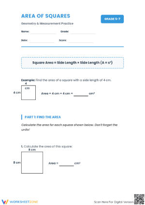 Essential Area of Squares Worksheet | Grade 5-7 Math