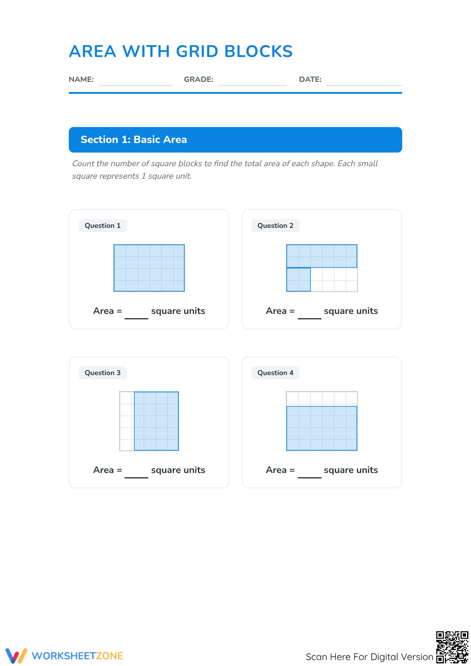 Printable Area with Grid Blocks Worksheet | Grades 3-4 - Page 1