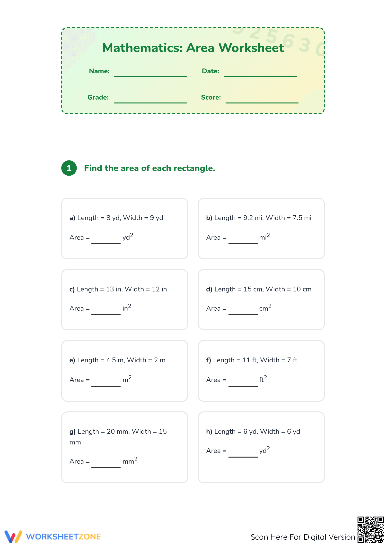 Printable Area Mastery Worksheet: Grades 4-6 Math Pack - Page 1