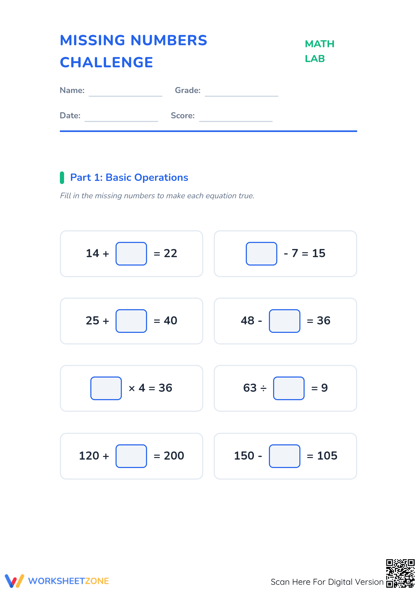 Missing Numbers Challenge: Essential Grade 4 Math Worksheet - Page 1