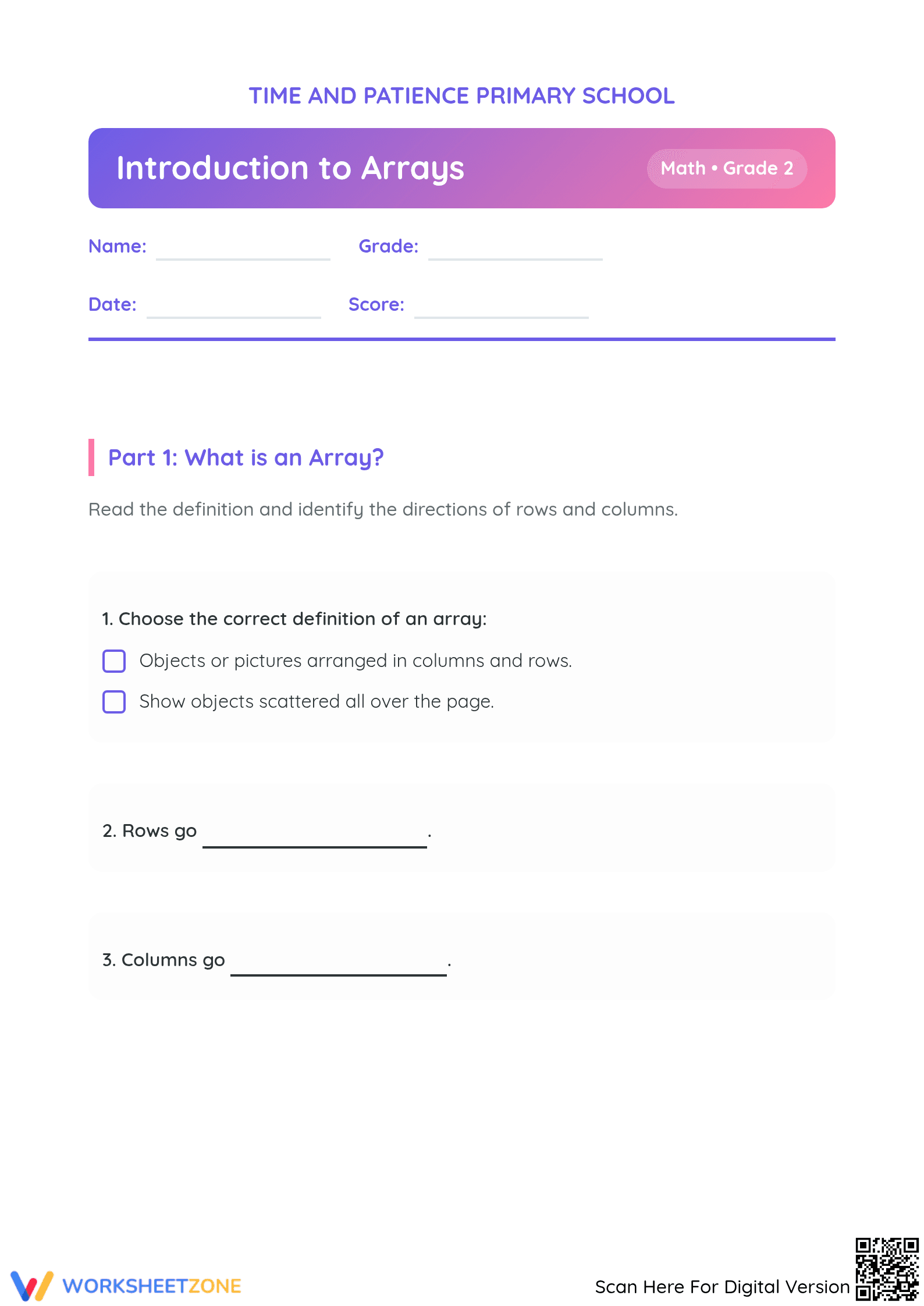 Essential Introduction to Arrays Worksheet | Grade 2 Math - Page 1