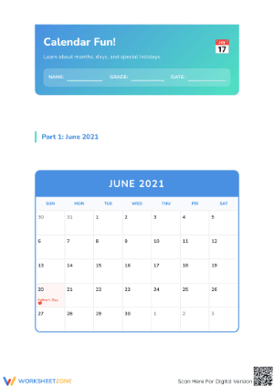 Printable Calendar Skills Worksheet | Grade 1 Math