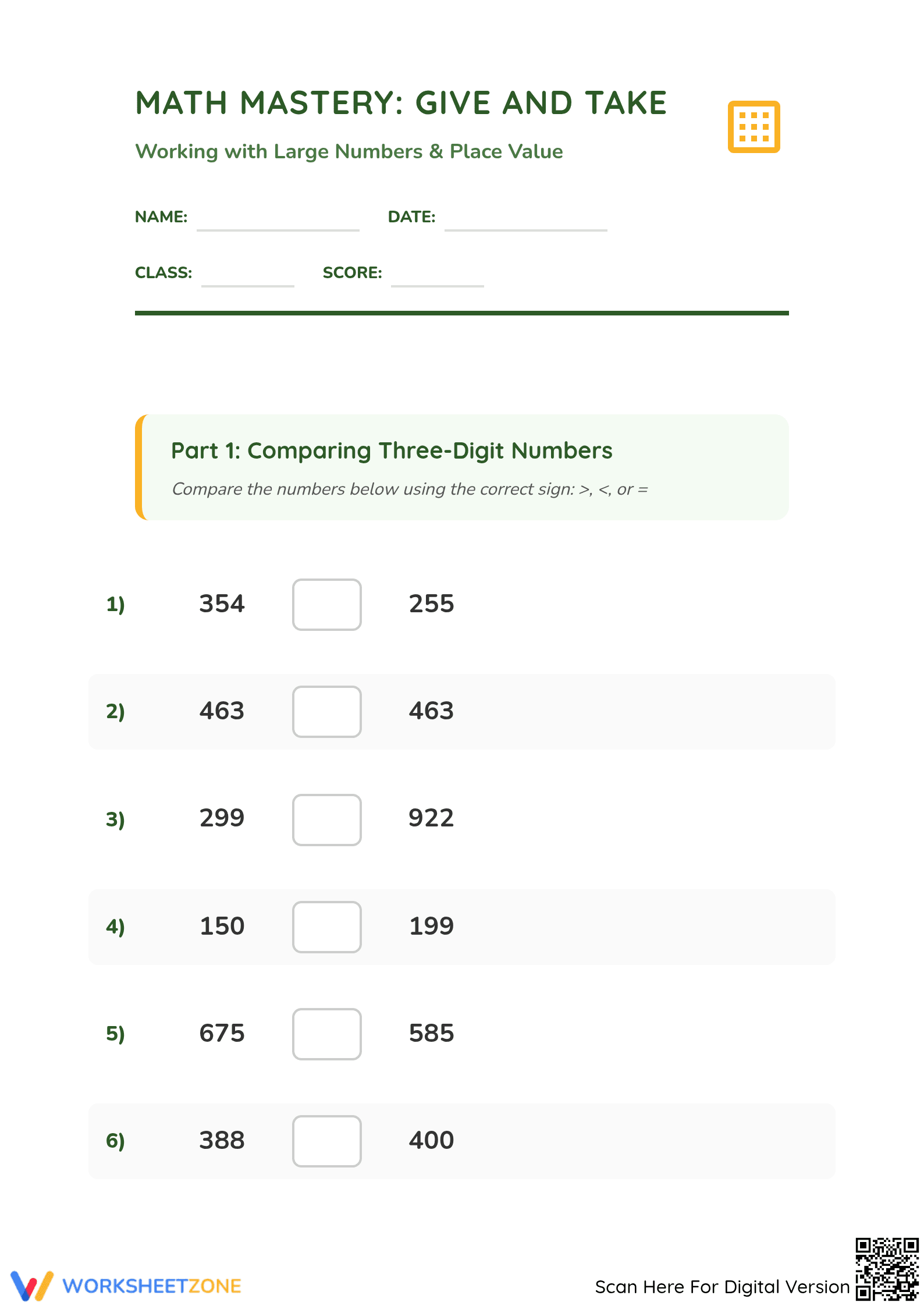 Grade 3 Number Comparison — Printable No-Prep Worksheet - Page 1
