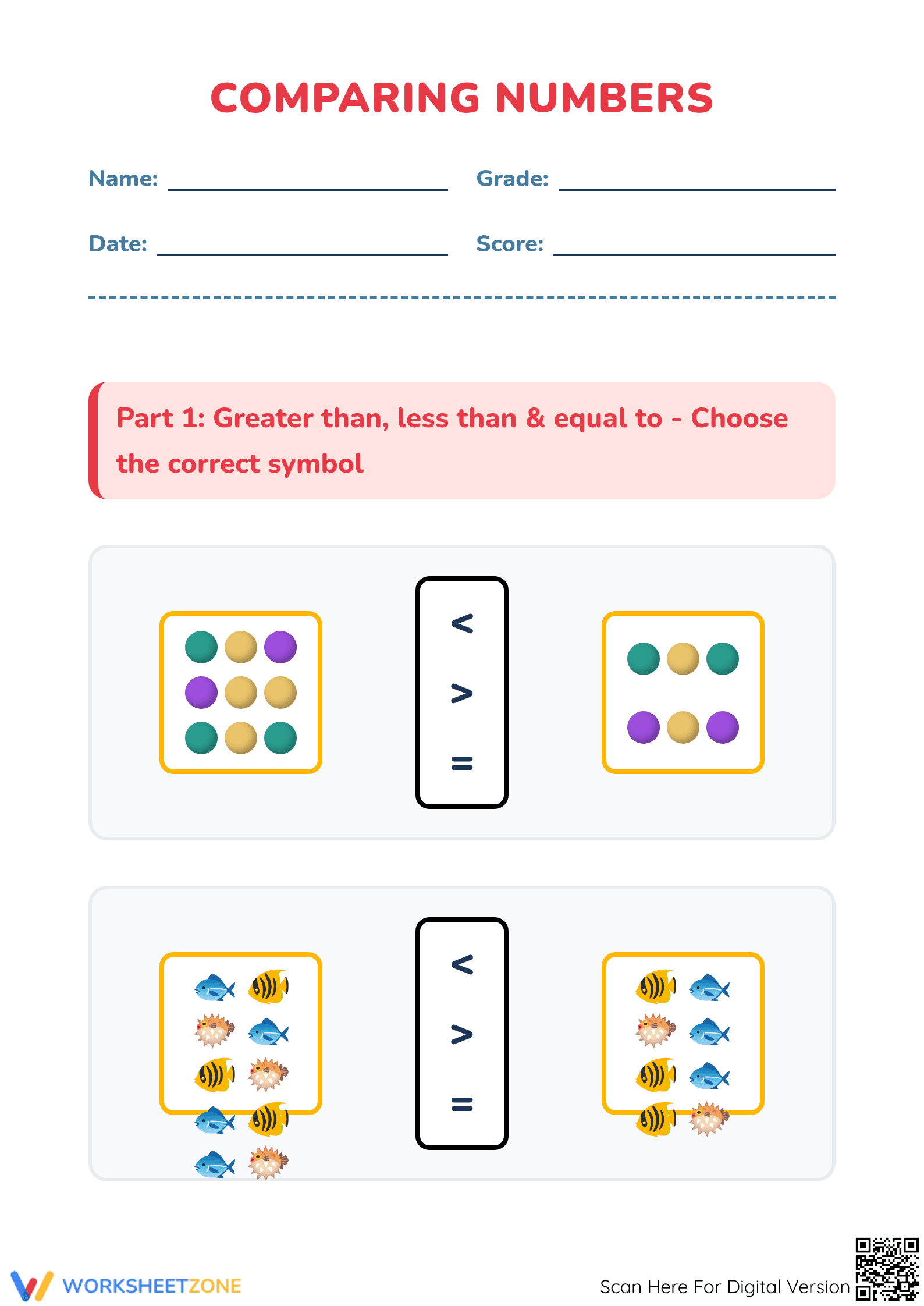 Printable Comparing Numbers Worksheet | Grade K Math - Page 1