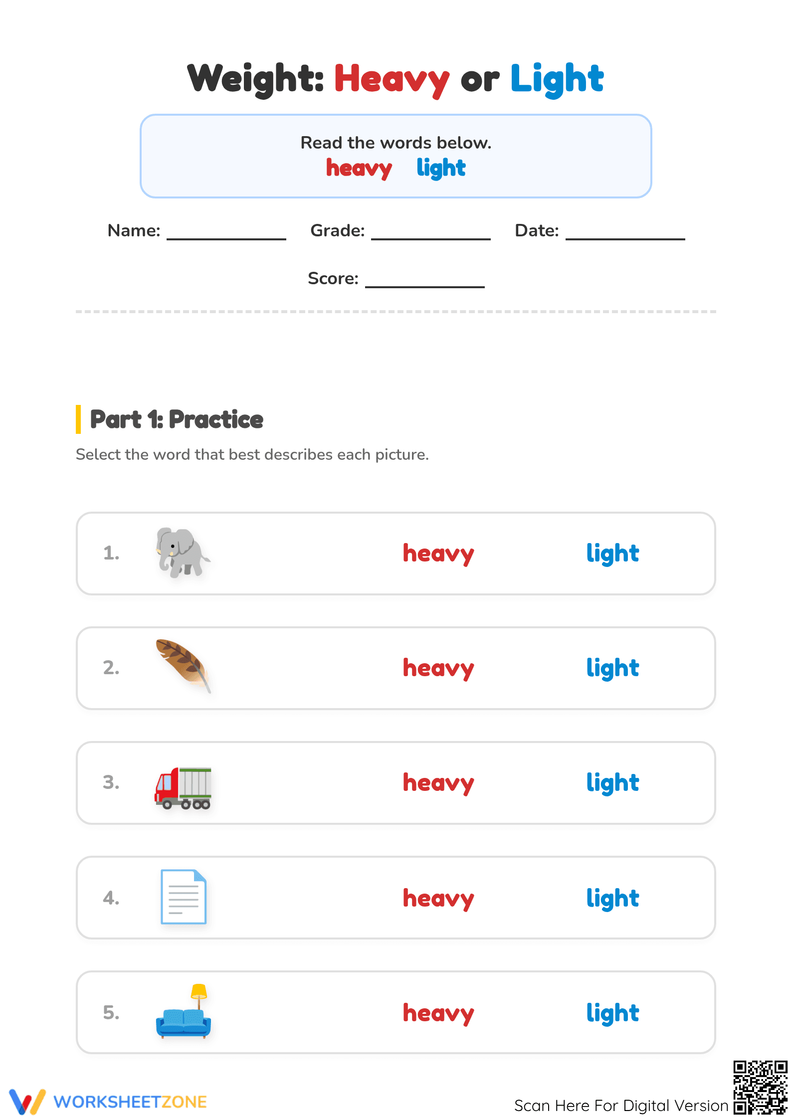 Grade 1 Science: Heavy or Light — Printable Worksheet - Page 1