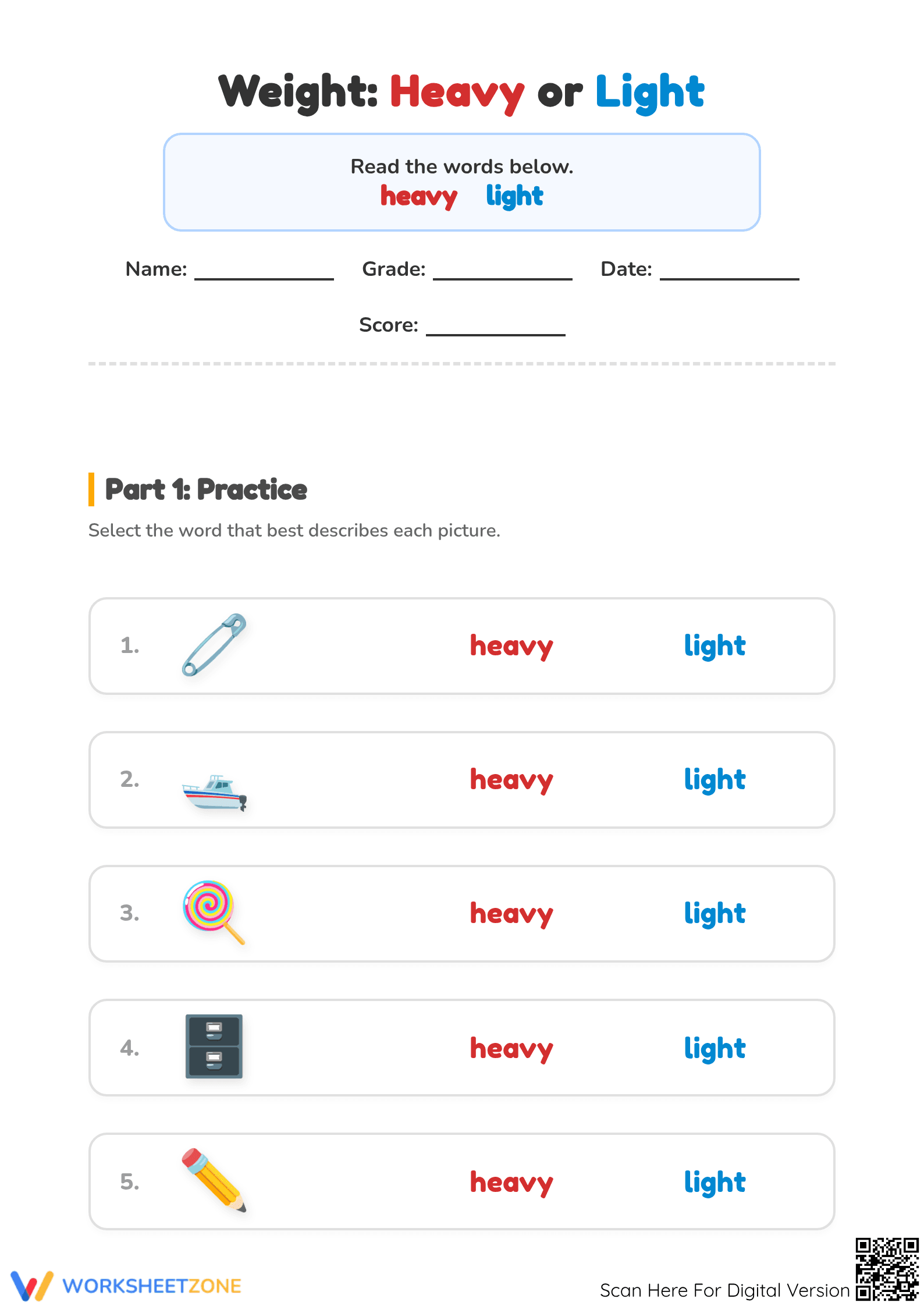 Printable Heavy and Light Weight Comparison Worksheet - Page 1