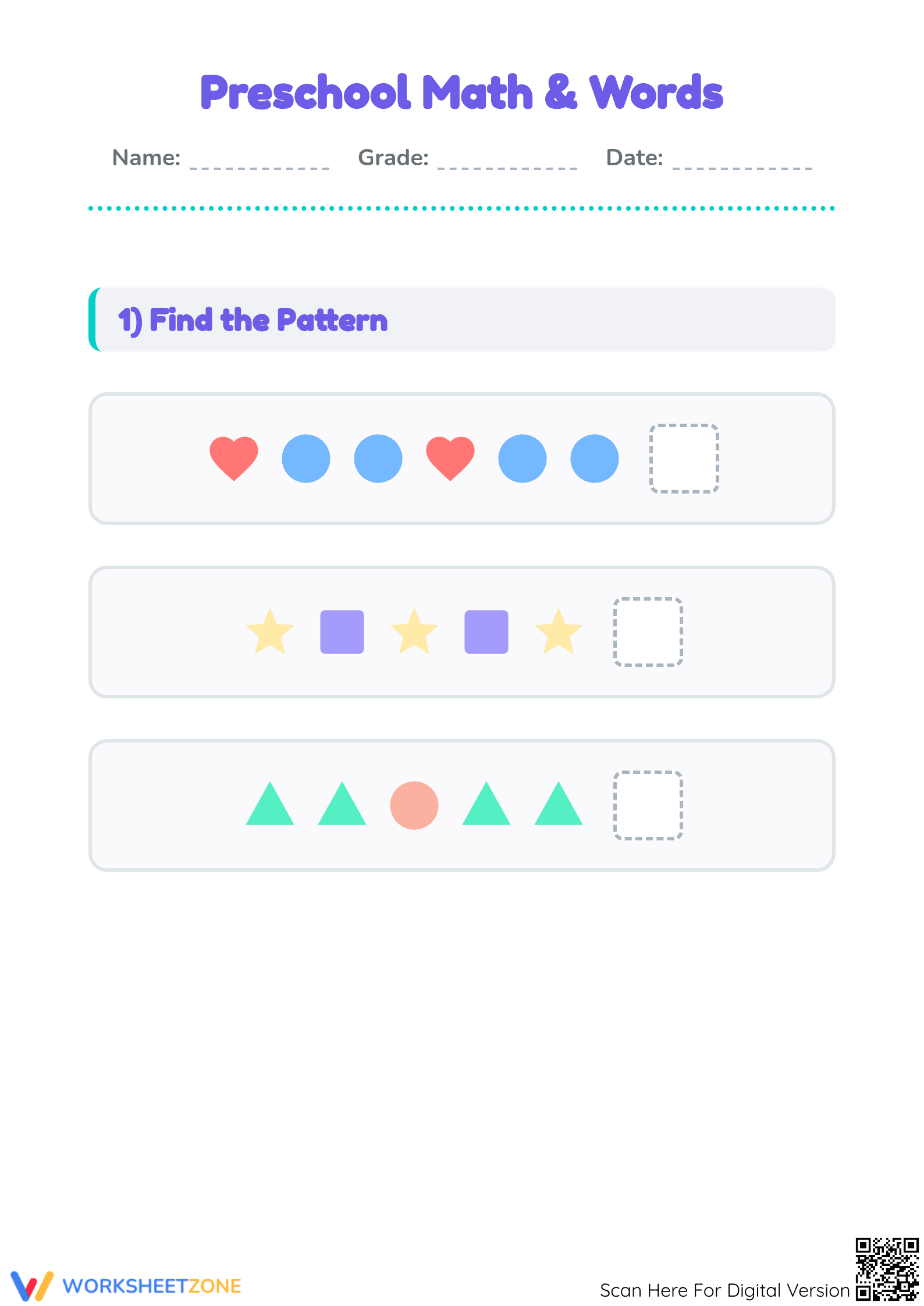 Printable Preschool Math & Words Worksheet | Grade PK - Page 1