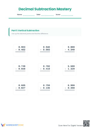 Essential Subtraction with Decimals Worksheet | Grade 6-7